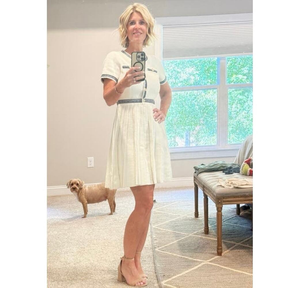 MAJE Off-white Navy Pleated Knit Mini Gold Button Crewneck Mini Dress size US 8